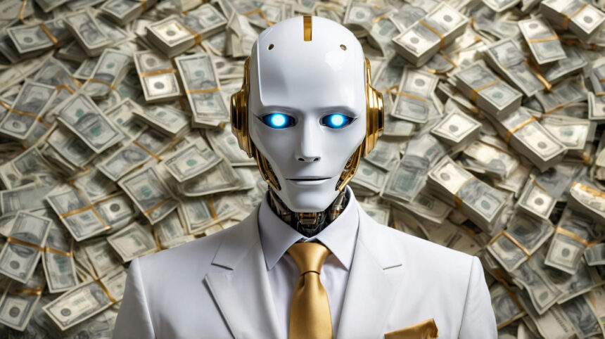 A robot in a white suit with a gold tie stands in front of a large pile of bundled US dollar bills.