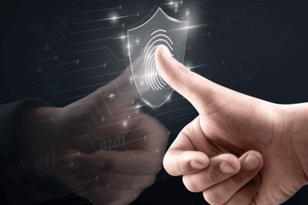 A thumb pressing a digital fingerprint scanner on a transparent screen, symbolizing cutting-edge biometric security technology.