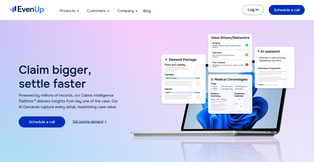 EvenUp Claims Intelligence Platform showcasing AI-generated demand packages and medical chronologies to maximize case value.