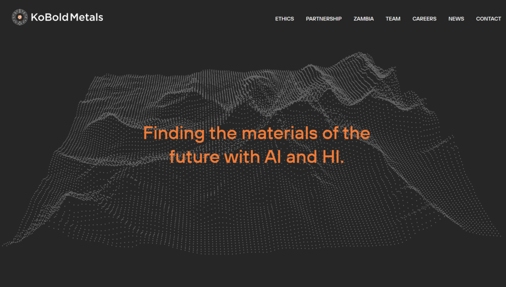 KoBold Metals logo with the slogan "Finding the materials of the future with AI and HI" and navigation links on a dark background.