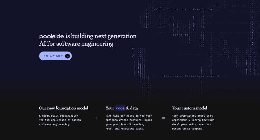 Advertisement for Poolside, showcasing AI for software engineering with highlights on foundation model, custom model, and user code.