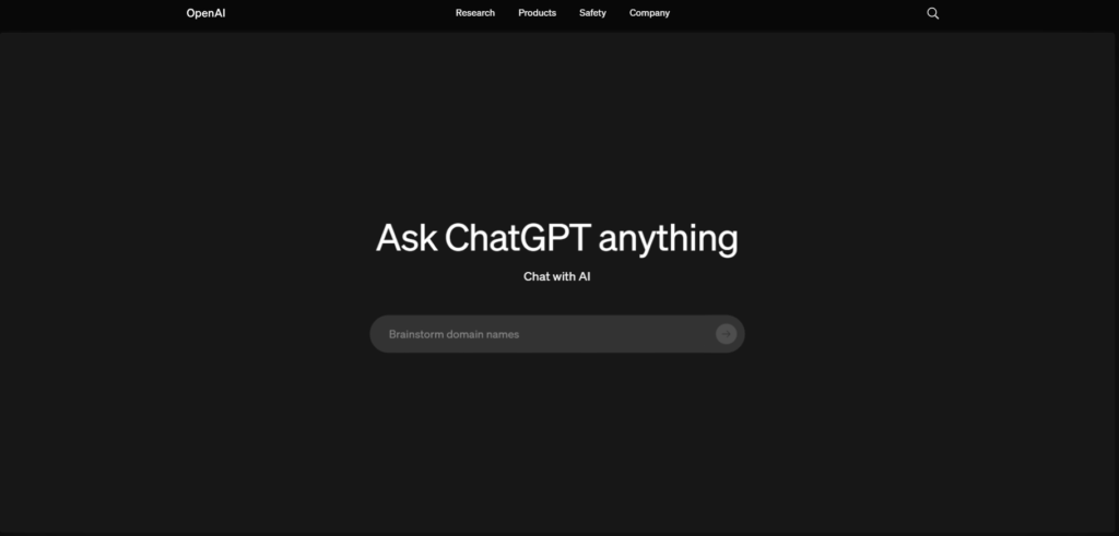 The homepage of the OpenAI website with the prompt "Ask ChatGPT anything" and a search bar below it.
