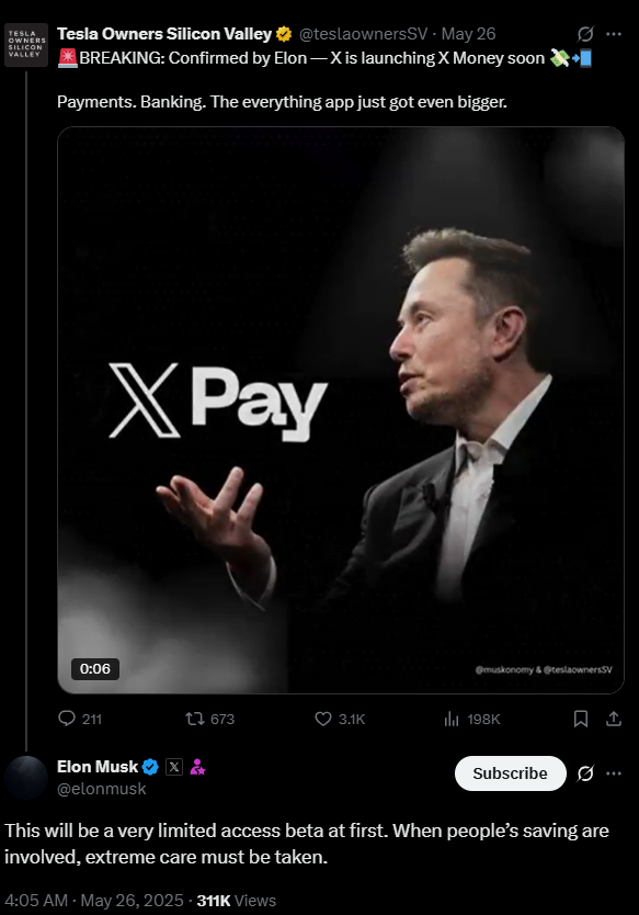 Screenshot of Elon Musk posting about X Money Beta Test on X