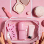 Vibrant beauty product set in a pink makeup bag, featuring skincare, makeup, and tools from top skincare companies 2025.